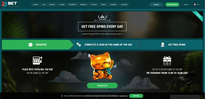 22bet casino offers a daily free spins promotion